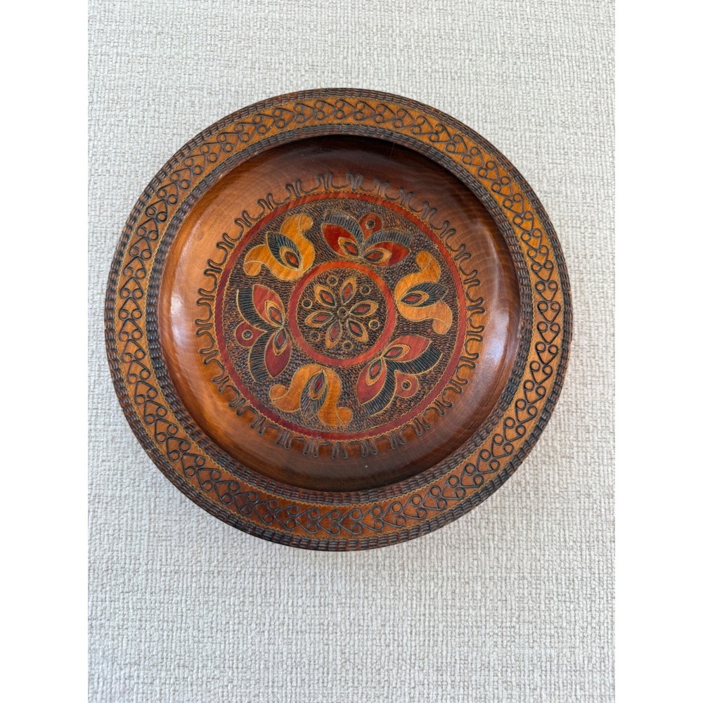 Vintage Polish Folk Art Wooden Plate 9.5" Hand Carved Wood Zakopane Wall Decor